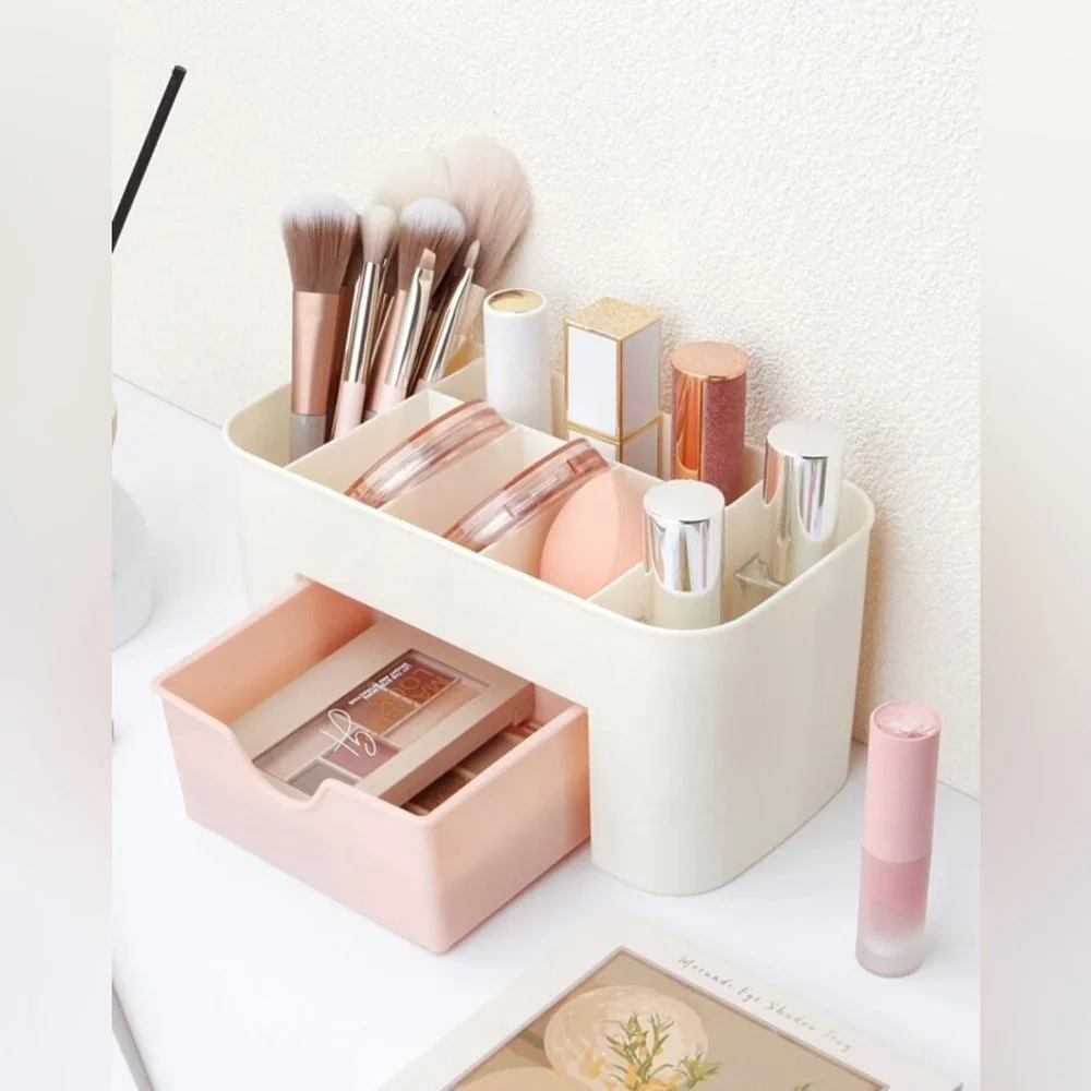 NEW 1pc Multi-drawer Clear Pink Makeup Organizer Box With Compartments